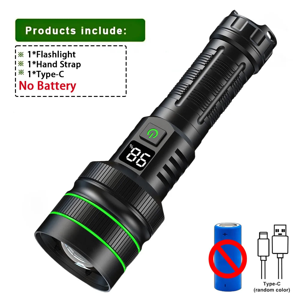 Most Powerful Long Shot LED Flashlight Zoomable Camping Torch Built-in 26650 Battery High Power Tactical Lantern for Outdoors