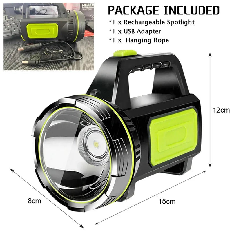 LED Strong Searchlight Flashlight Portable Hand Lamp Rechargeable 2 Lighting Modes Emergency Hiking Camping Energy Saving Torch