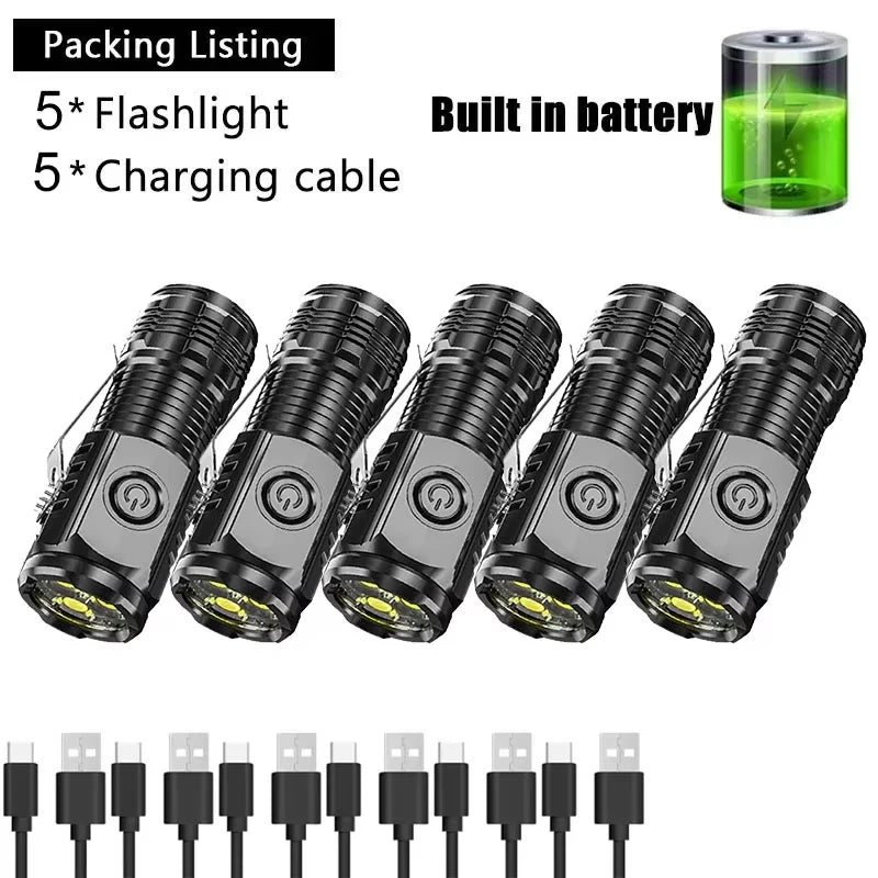 High Strong Power LED Flashlight Built-in Battery Type-C Rechargeable with Pen Clip Torch Outdoor Camping Emergency Lantern
