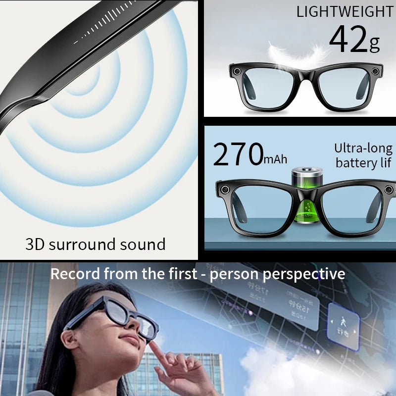 LIGE 800W Pixels Smart Glasses Recording Videos AI Photo Recognition Answer Translation 270mAh IP65 Waterproof Bluetooth Glasses