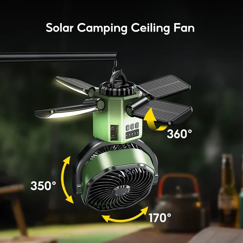 Eary Camping Solar Fan With 6000mAh Battery Powered Tent Camp Fan With Light 4 Speed Wind Adjustable Air Cooling Fan For Outdoor