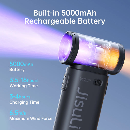 JISULIFE Handheld Turbo Fan,Super Strong Wind,5 Speeds,Long Battery Life,5000mAh,USB Rechargeable,Multipurpose Pocket Fan