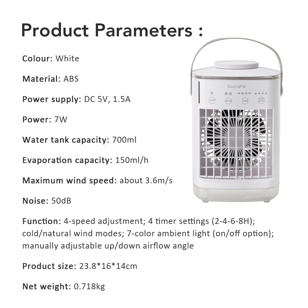 Portable Air Conditioner with Colorful Atmosphere Light Water Cooling Fan USB Table Fan 700ml Water Tank Desktop Fan Humidifier