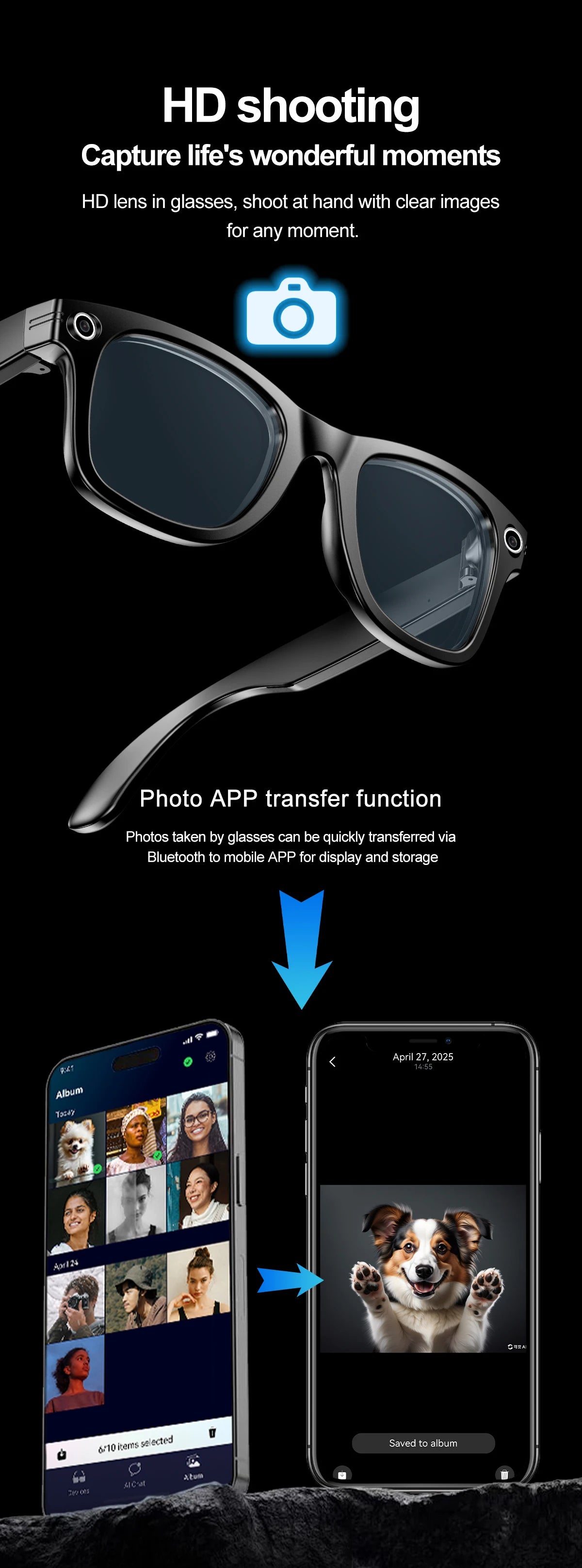 LIGE Fashion AI Camera Smart Glasses IP65 Waterproof Bluetooth Call Playing Music Smart Glasses Identify Pictures Use ChatGPT