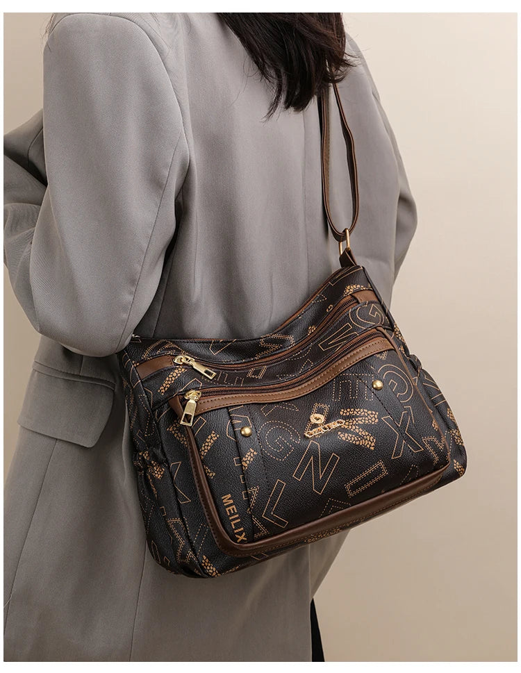 Ladies Middle-Aged Bag Large Capacity printed Work Clothing Soft Leather Multi-Pocket Cross-Body Bag Retro Shoulder Bag