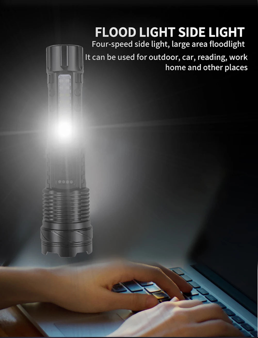 Powerful XHP50 LED Flashlight Waterproof 18650 Torch With Side Light 7 Modes Camping Fishing Lantern USB Rechargeable Zoom Lamp