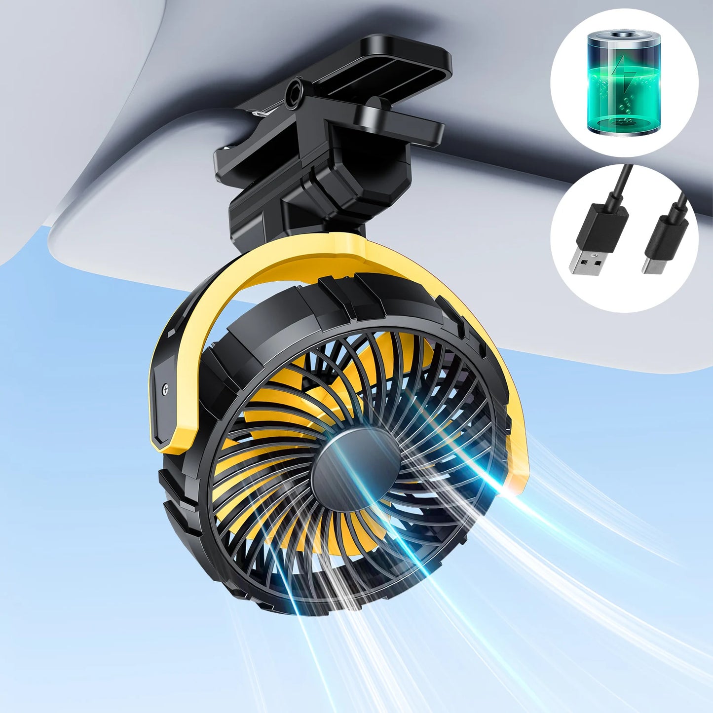 Eary Portable Car Clip On Fan Battery Operated 3 Speed Wind 900 Rotate Quiet Small Air Cooling Fan For Desk Camping Stroller Fan
