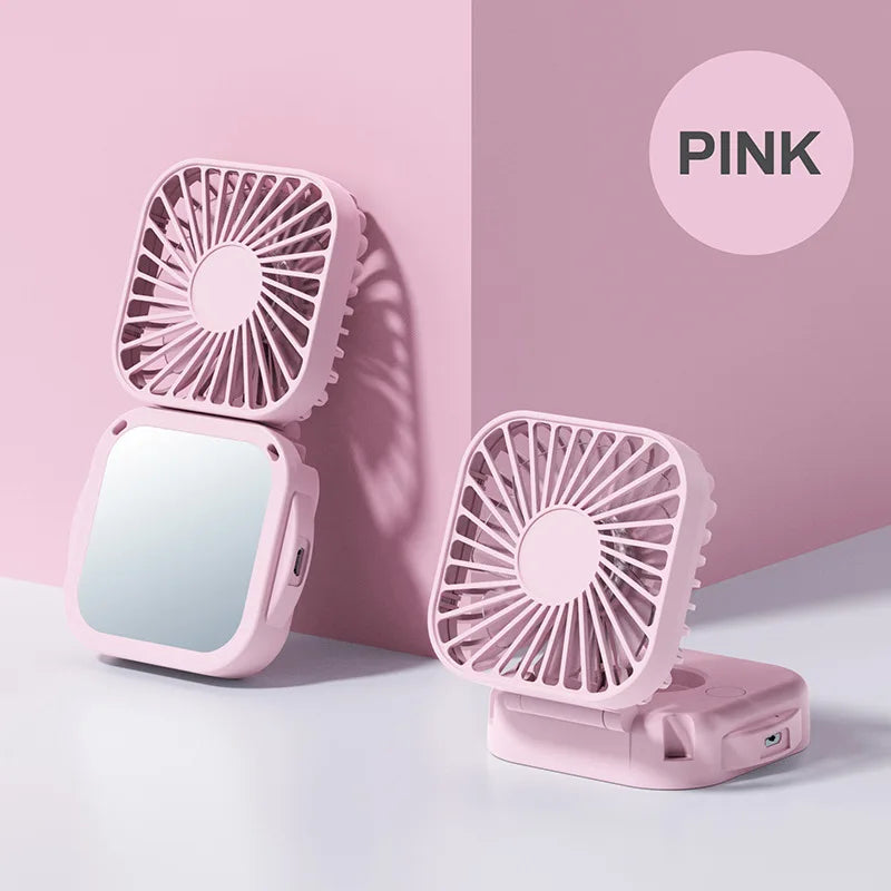 Handheld Portable Fan with Mirror, Mini Fan Small Personal Fan, 500mAh USB Rechargeable Neck Fan Foldable, Quiet Pocket Fan