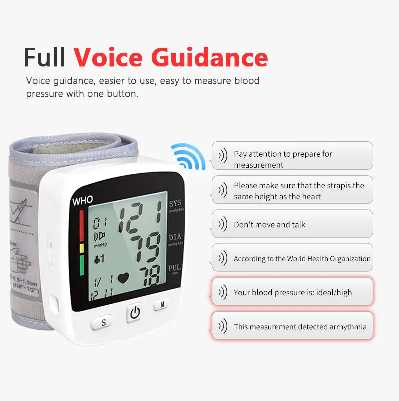 Rechargeable Digital Blood Pressure Monitor Wrist Electronic Sphygmomanometer Tensiometer With LCD Display, 2 x 99 Memory