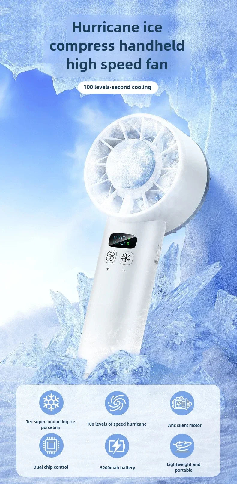 5200mAh Portable mini Fan 100 Wind Speeds Instant Cooling with Ice Mode Handheld fan USB Rechargeable electric fans Camping Fan