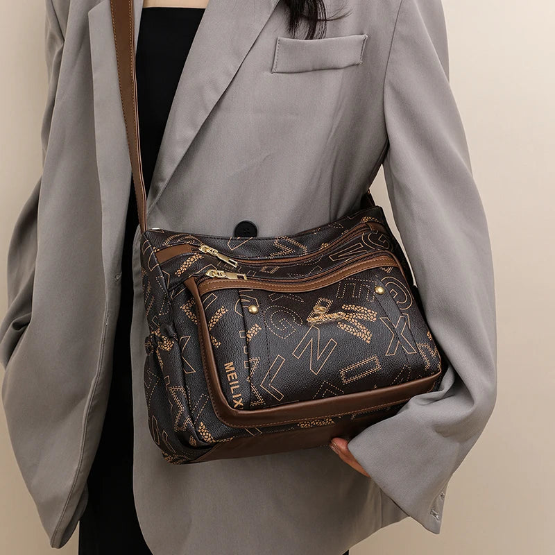 Ladies Middle-Aged Bag Large Capacity printed Work Clothing Soft Leather Multi-Pocket Cross-Body Bag Retro Shoulder Bag