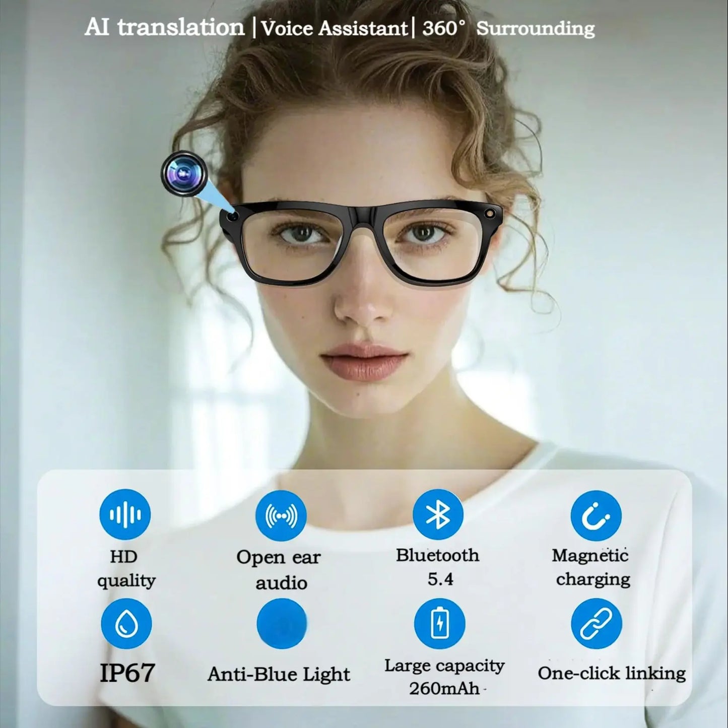 Smart Glasses With AI,Bluetooth Music Glasses With 140+ Translation,Anti-Blue Light Lenses,Camera Glasses For Travel, Meeting
