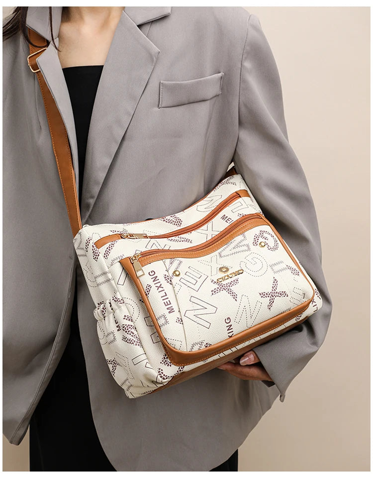 Ladies Middle-Aged Bag Large Capacity printed Work Clothing Soft Leather Multi-Pocket Cross-Body Bag Retro Shoulder Bag