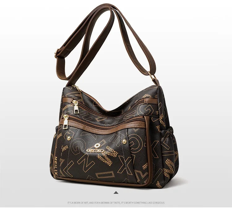 Ladies Middle-Aged Bag Large Capacity printed Work Clothing Soft Leather Multi-Pocket Cross-Body Bag Retro Shoulder Bag