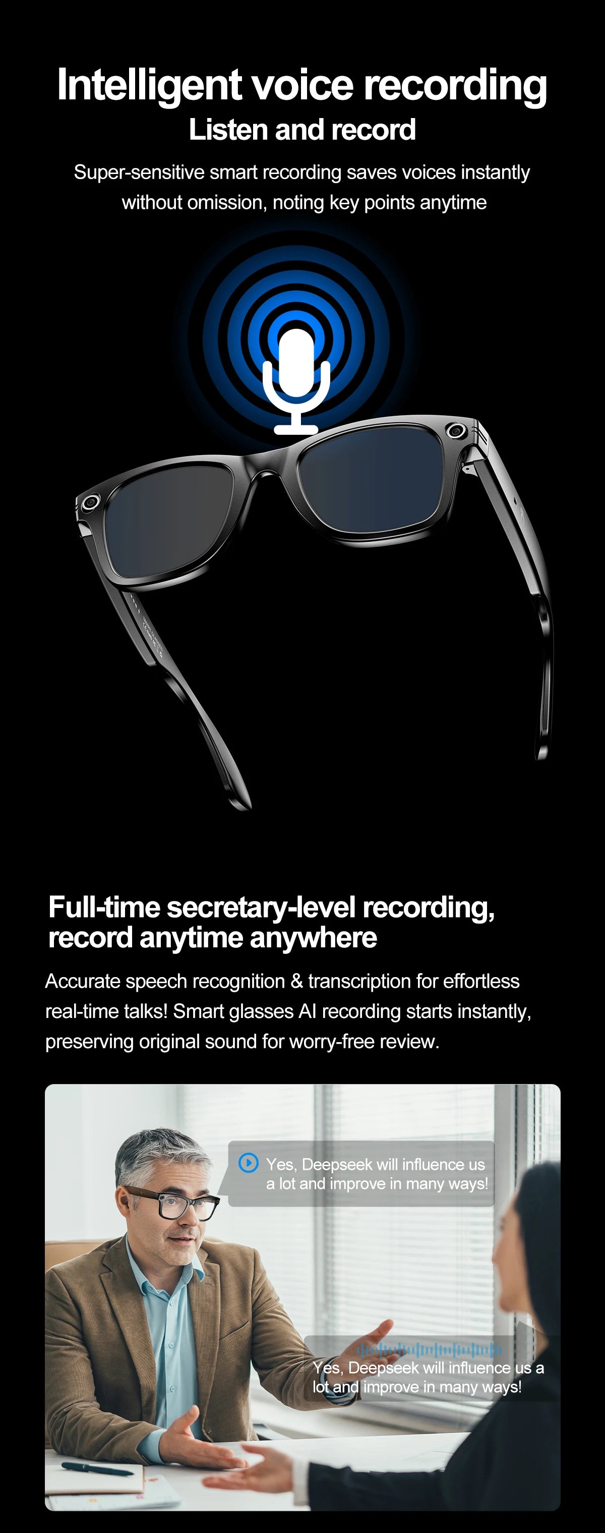 LIGE Fashion AI Camera Smart Glasses IP65 Waterproof Bluetooth Call Playing Music Smart Glasses Identify Pictures Use ChatGPT