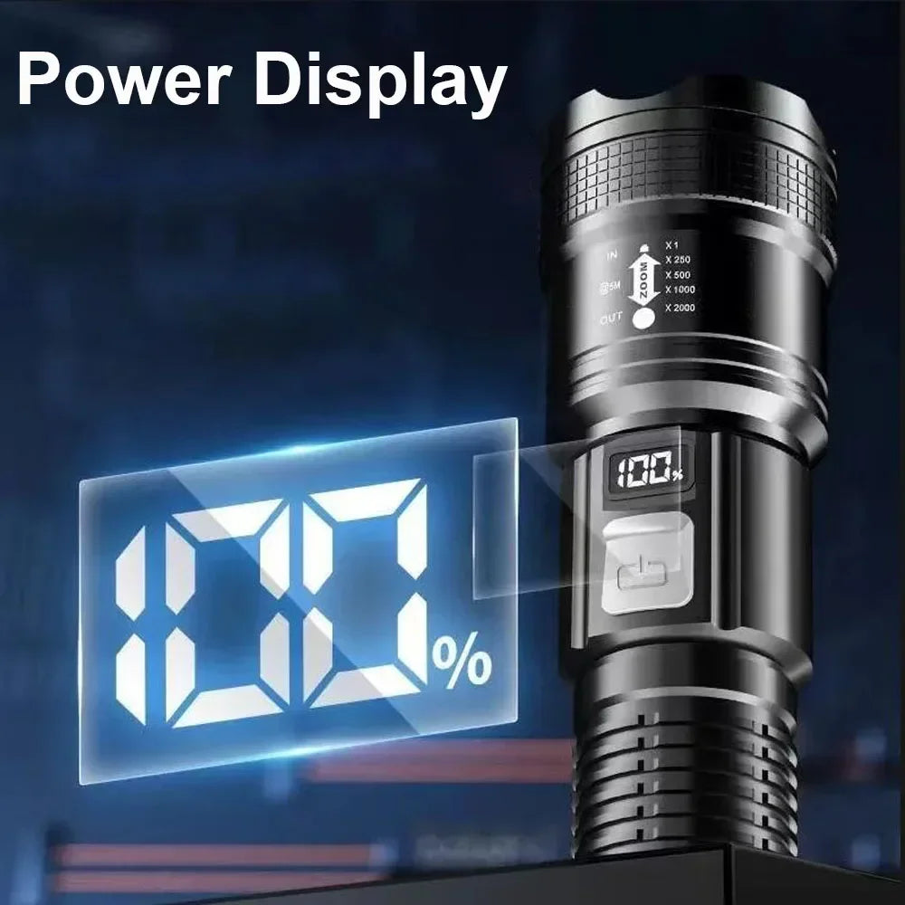 High Strong Power Led Flashlights 300000LM Tactical Torch with Display Light USB Charging Camping Fishing Defense Zoom Lantern