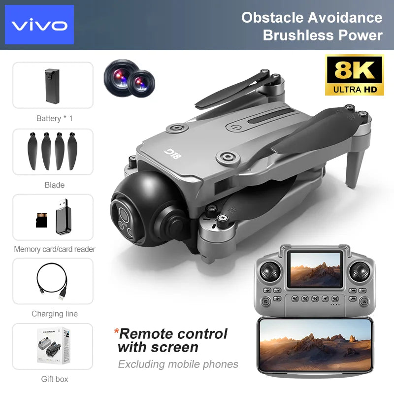 VIVO D18 Drone 8K Aerial HD Dual Camera Photography Intelligent Obstacle Avoidance Brushless Power 5G WIFI GPS Return VR Drone