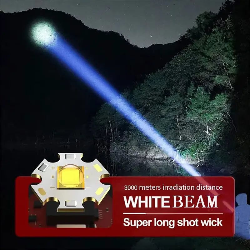 Super Bright 60W LED Flashlight with Power Bank Function, Rechargeable Telescopic Zoom Torch, 5 Modes, IP64,for Hunting/Camping