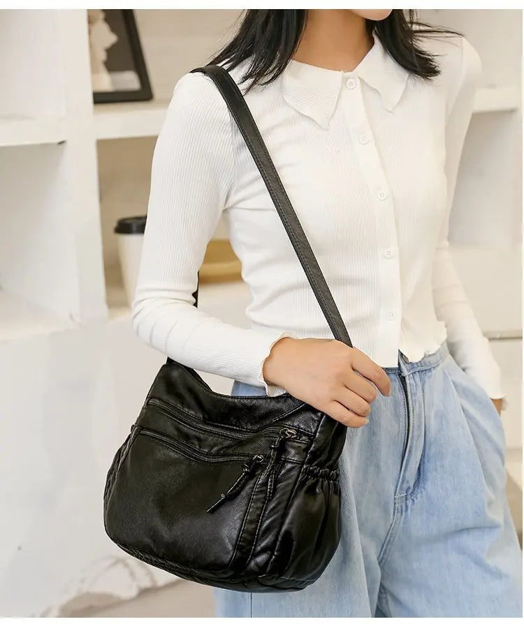 Washed leather women's bag 2024 European and American retro shoulder bag versatile large-capacity crossbody bag PU soft leather
