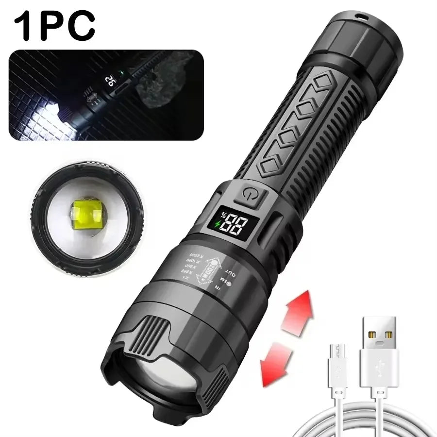 High Strong Power Led Flashlights 300000LM Tactical Torch with Display Light USB Charging Camping Fishing Defense Zoom Lantern
