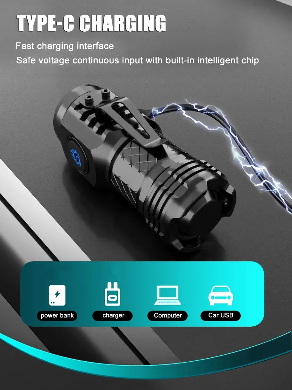 High Strong Power LED Flashlight Built-in Battery Type-C Rechargeable with Pen Clip Torch Outdoor Camping Emergency Lantern