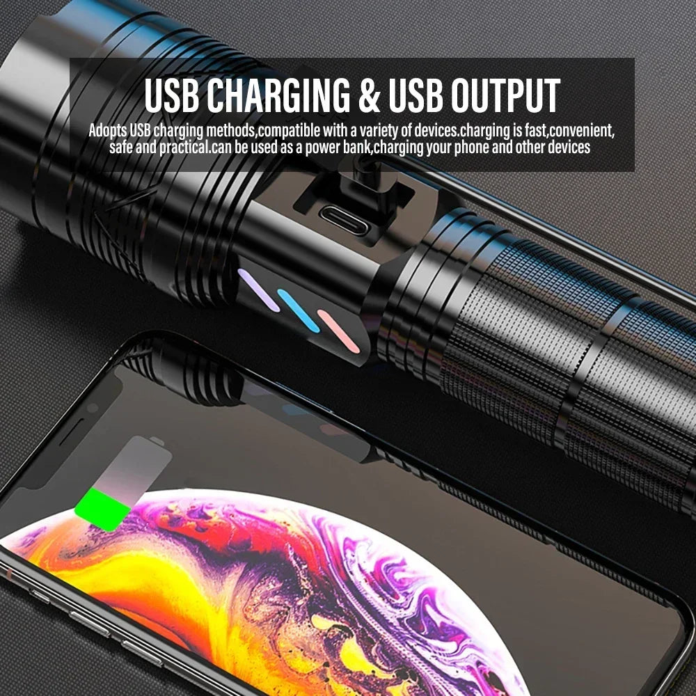 Super Bright 60W LED Flashlight with Power Bank Function, Rechargeable Telescopic Zoom Torch, 5 Modes, IP64,for Hunting/Camping