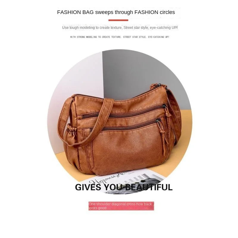 Washed leather women's bag 2024 European and American retro shoulder bag versatile large-capacity crossbody bag PU soft leather