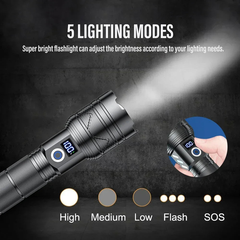 Super Bright 60W LED Flashlight with Power Bank Function, Rechargeable Telescopic Zoom Torch, 5 Modes, IP64,for Hunting/Camping