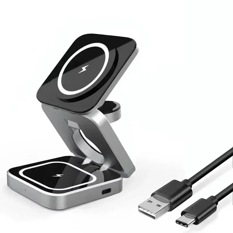 Magnetic Wireless Charging Station Foldable 3-in-1 for iPhone 12~15 Series AirPods iWatch Portable Travel Charger