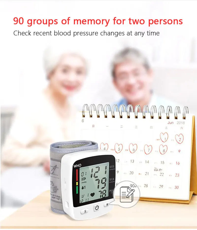 Rechargeable Digital Blood Pressure Monitor Wrist Electronic Sphygmomanometer Tensiometer With LCD Display, 2 x 99 Memory