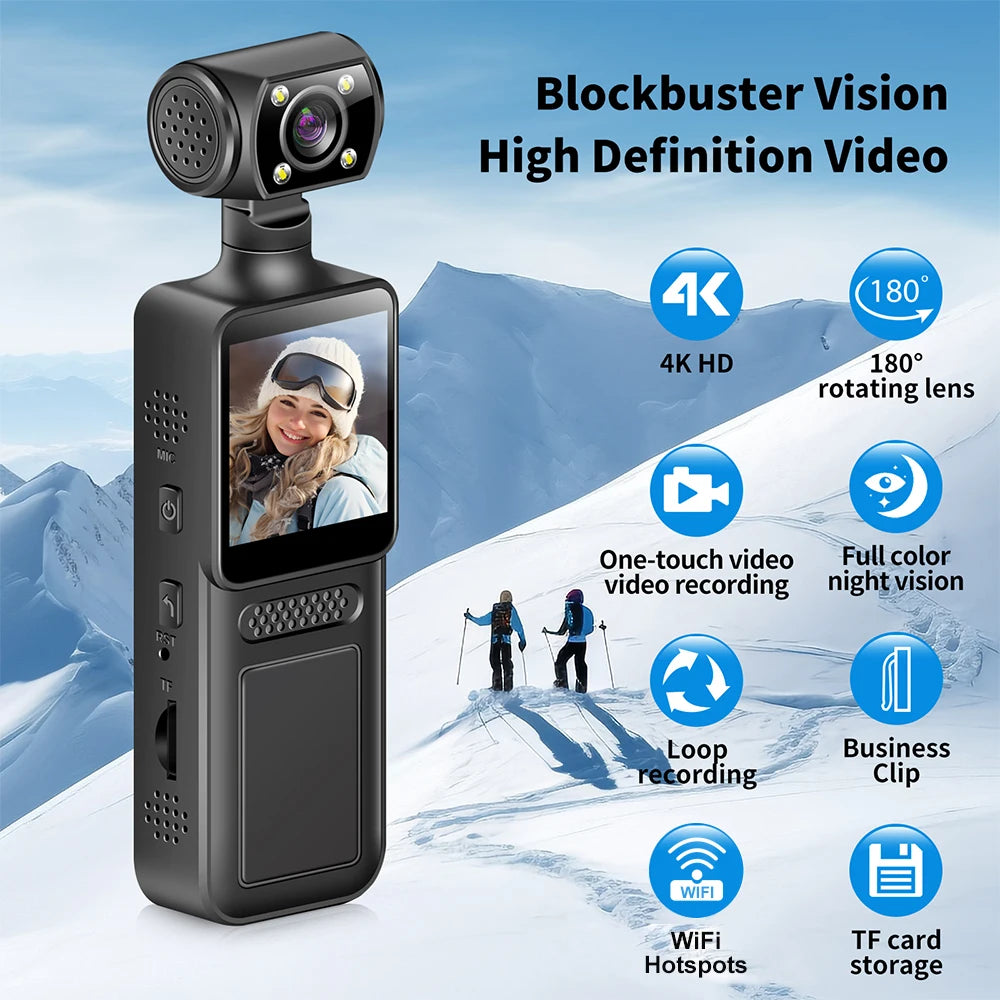 128GB 4K Ultra HD Action Mini Camera 180 Rotatable Vlog Wifi Sports Cam Waterproof Case Helmet Travel Bicycle Driver Recorder