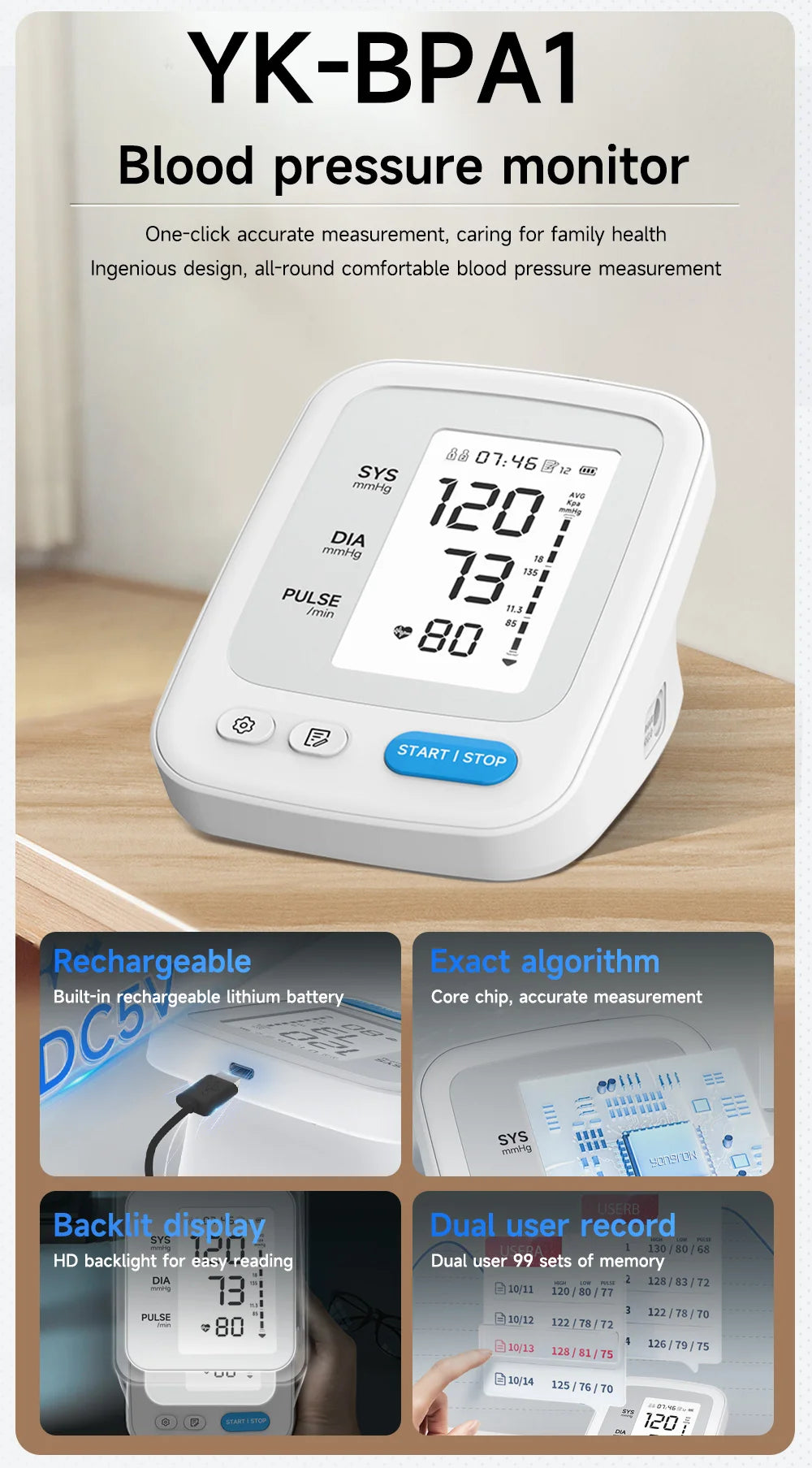 Yongrow Portable Digital Upper Arm Blood Pressure Monitor Measurement Tool Tonometer Sphygmomanometer