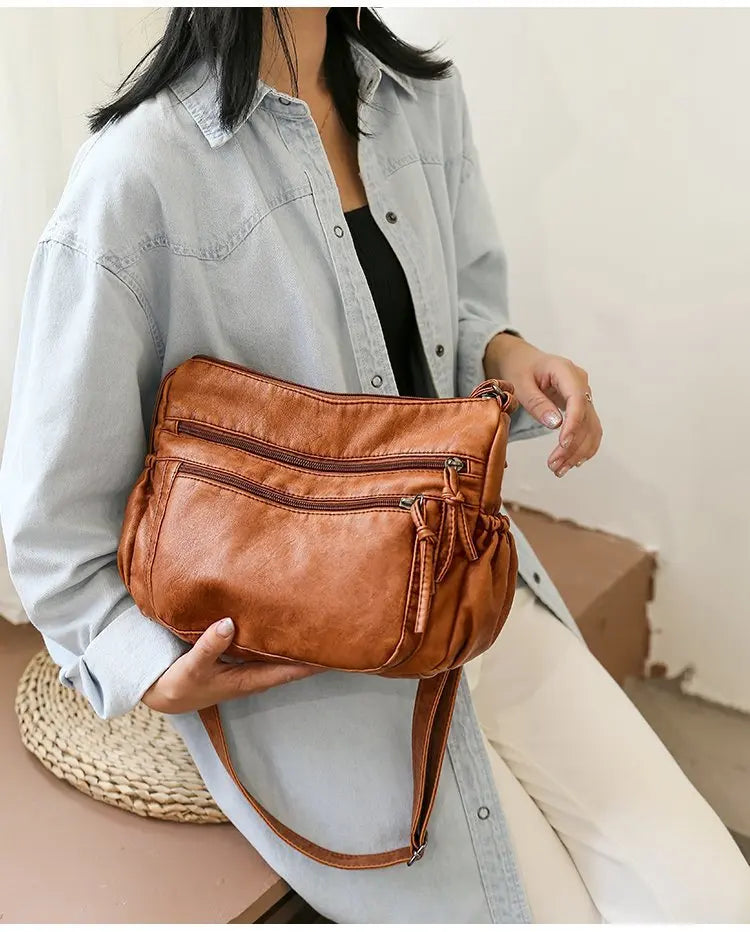 Washed leather women's bag 2024 European and American retro shoulder bag versatile large-capacity crossbody bag PU soft leather