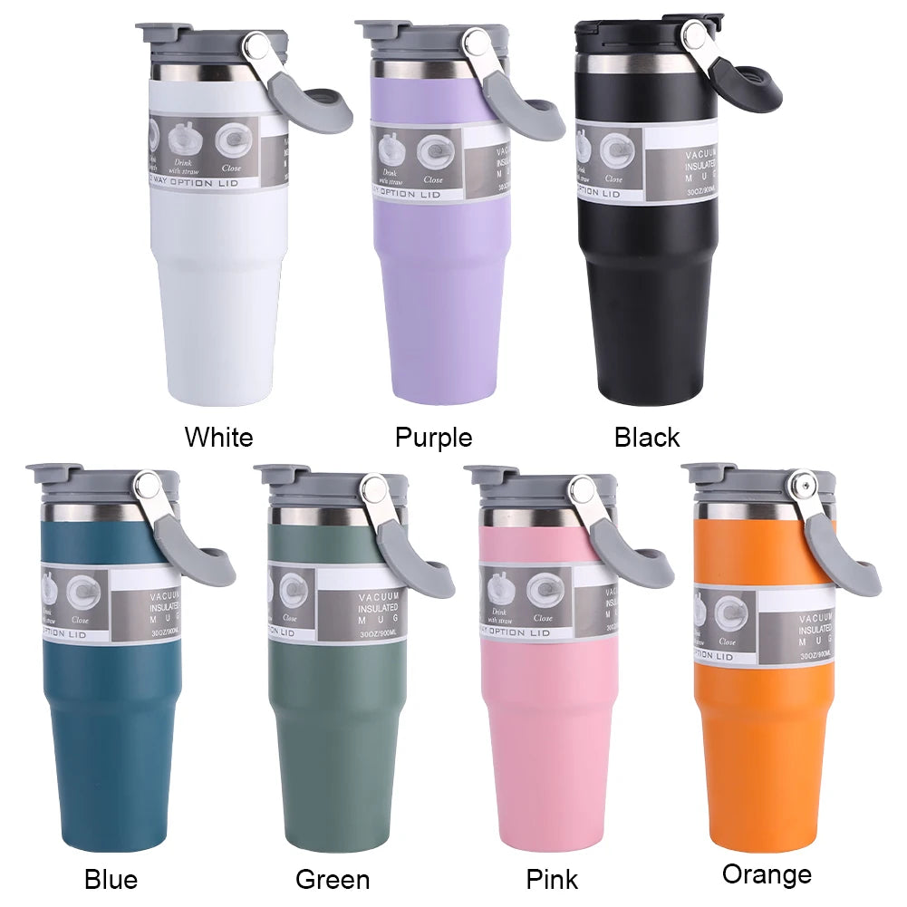 30oz Vacuum Insulated Cup with Handle Double-Layer Insulated Cup Stainless Steel Sports Water Bottle for Cold Hot Beverages