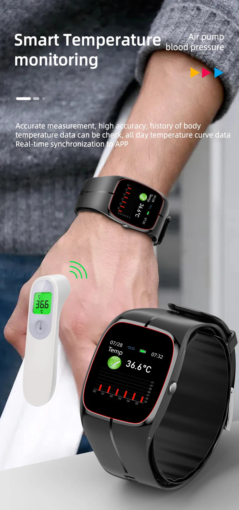 Medical Grade Smart Watch Air Pump Airbag Precise Sphygmomanometer Heart Rate Thermometer Monitor Wristband Elderly Health Watch