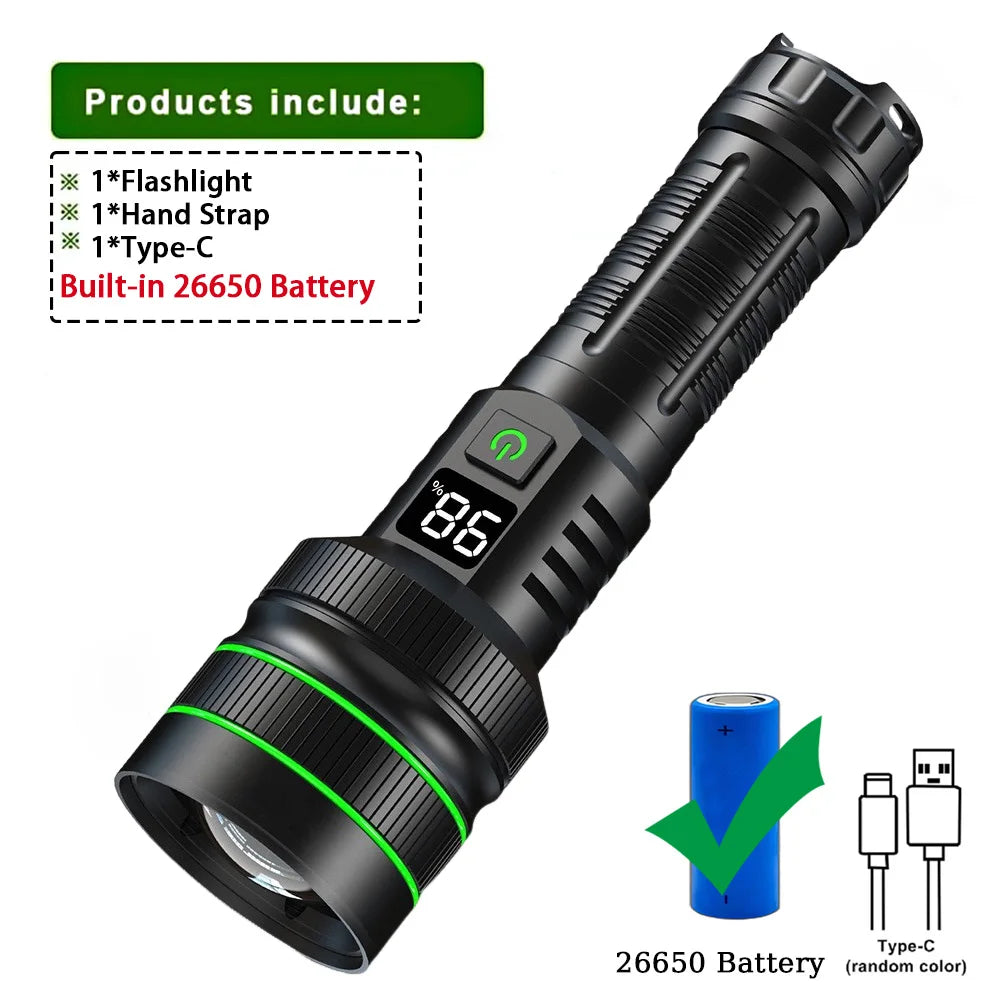 Most Powerful Long Shot LED Flashlight Zoomable Camping Torch Built-in 26650 Battery High Power Tactical Lantern for Outdoors