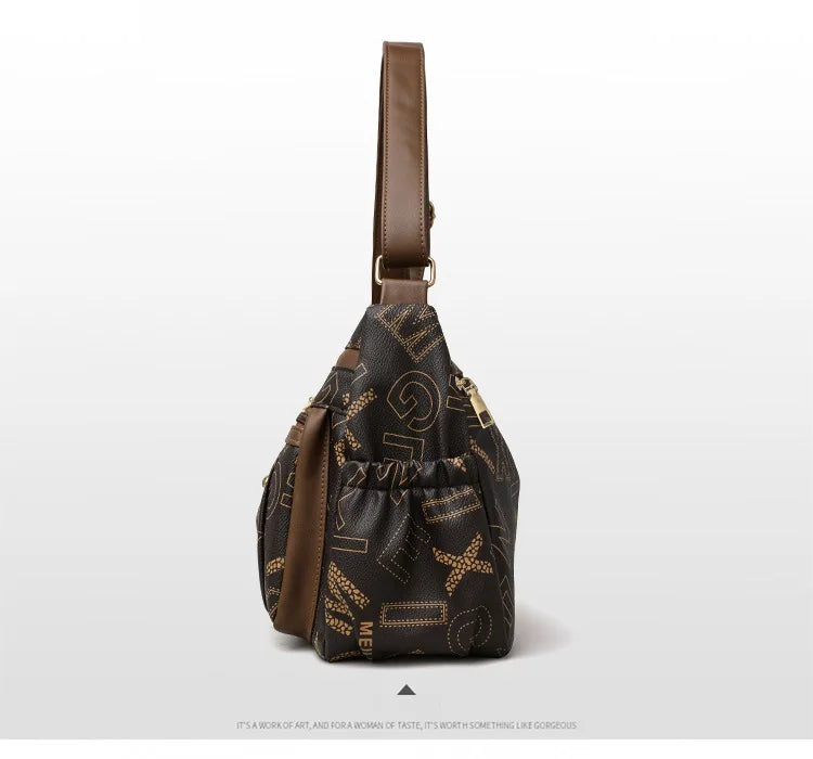 Ladies Middle-Aged Bag Large Capacity printed Work Clothing Soft Leather Multi-Pocket Cross-Body Bag Retro Shoulder Bag
