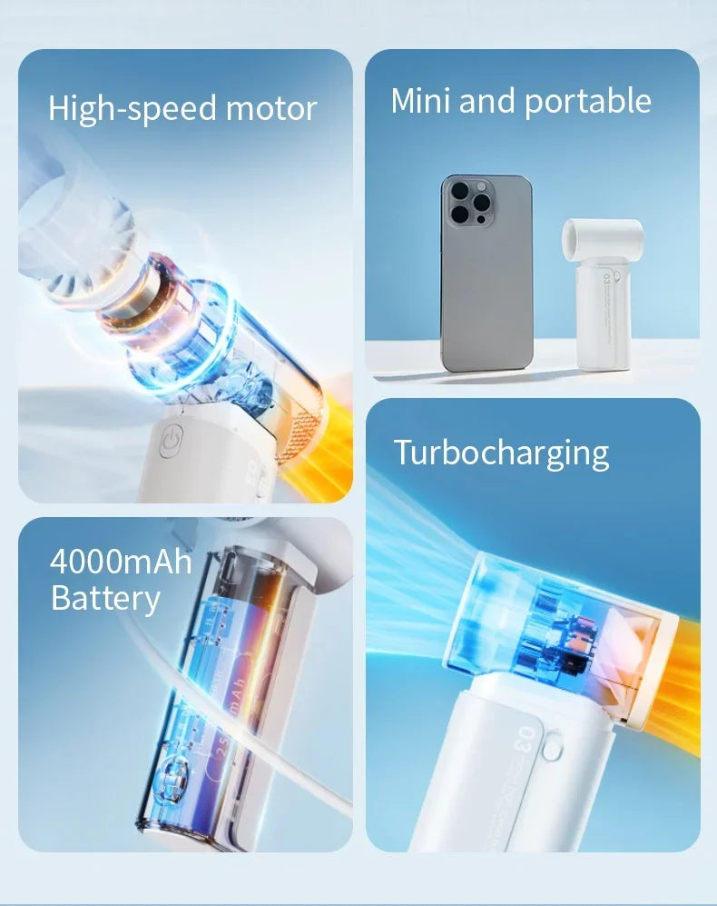 2025 New High Speed Portable Electric Fan USB Rechargeable 3 Speed Fan 4000mAh Outdoor Handheld Fan Mini Bladeless Fan