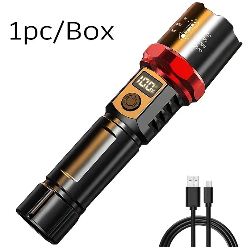 Heinast 1000LM Powerful LED Flashlight Display TYPE-C Rechargeable Light Telescopic Zoom Torch Outdoor Camping Fishing Lantern