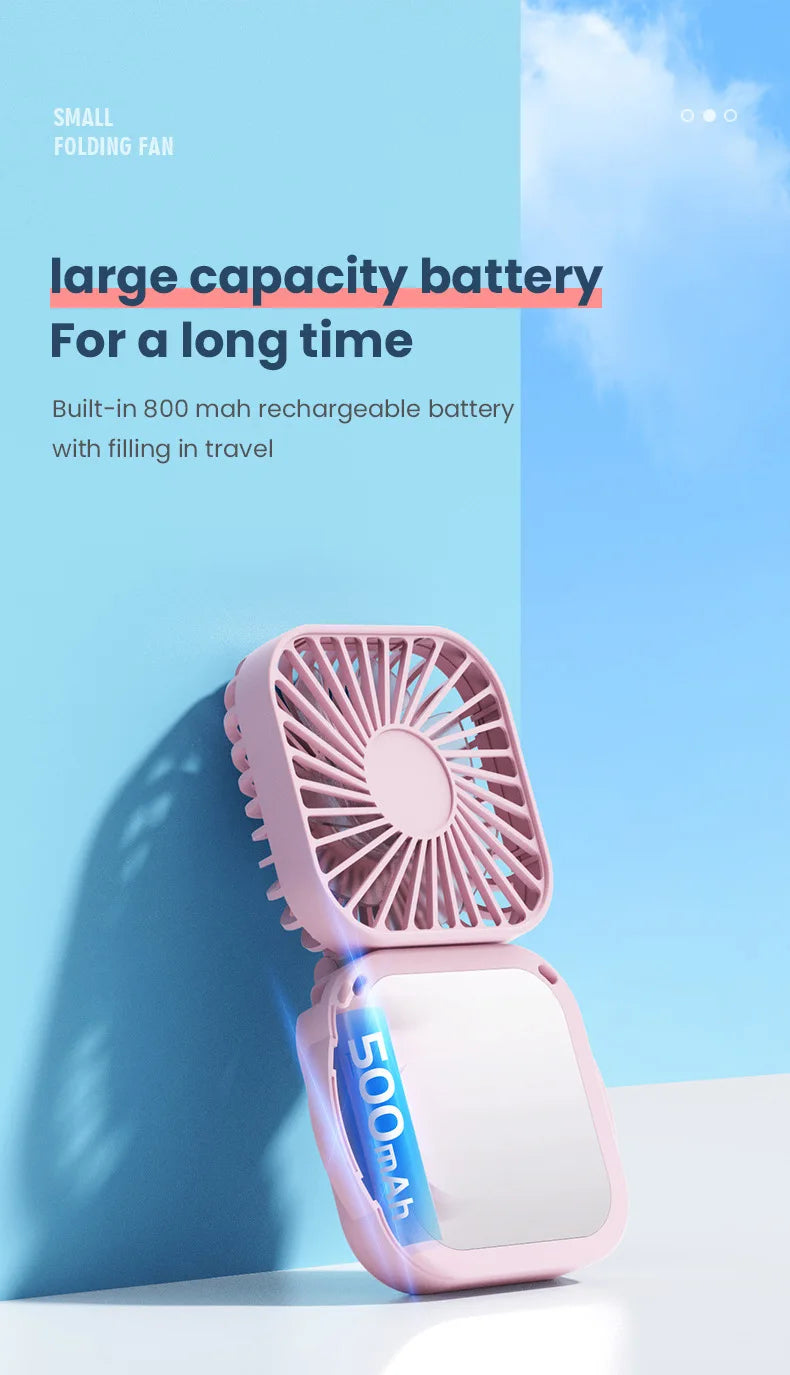 Handheld Portable Fan with Mirror, Mini Fan Small Personal Fan, 500mAh USB Rechargeable Neck Fan Foldable, Quiet Pocket Fan