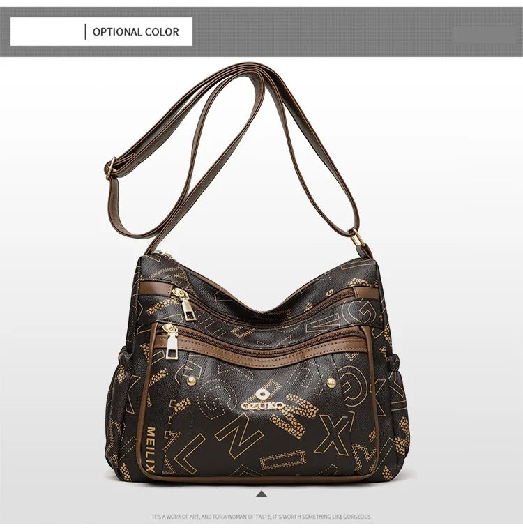 Ladies Middle-Aged Bag Large Capacity printed Work Clothing Soft Leather Multi-Pocket Cross-Body Bag Retro Shoulder Bag