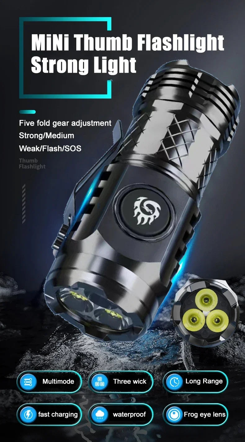 High Strong Power LED Flashlight Built-in Battery Type-C Rechargeable with Pen Clip Torch Outdoor Camping Emergency Lantern
