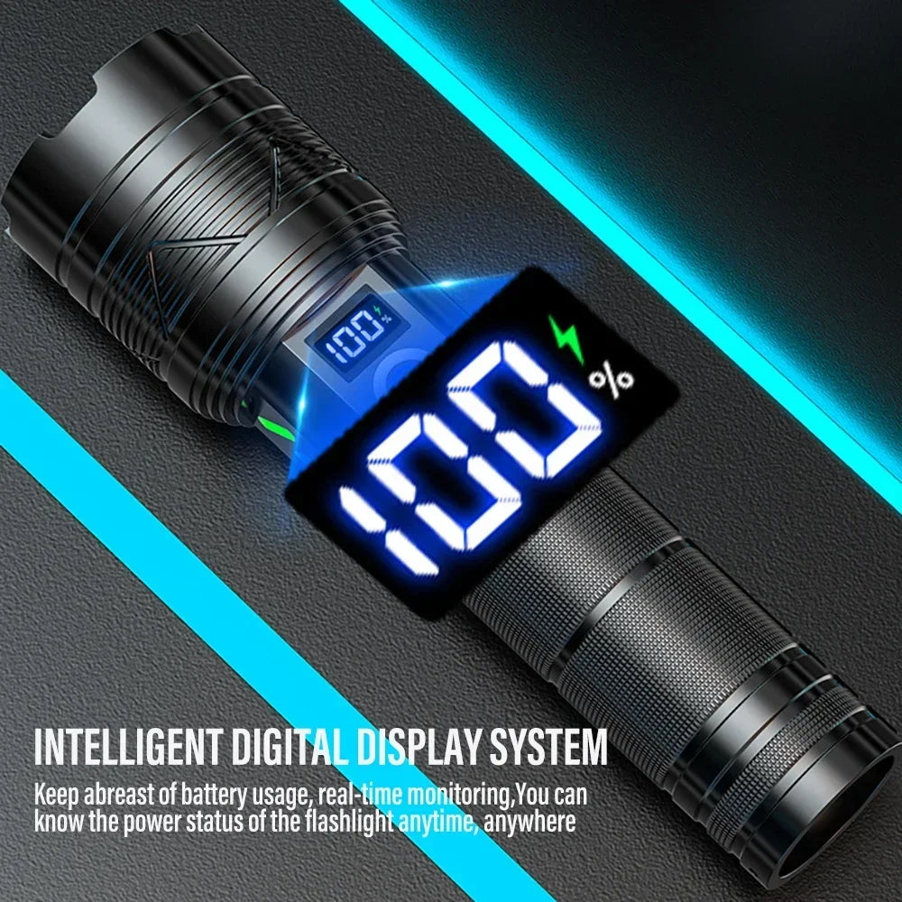 Super Bright 60W LED Flashlight with Power Bank Function, Rechargeable Telescopic Zoom Torch, 5 Modes, IP64,for Hunting/Camping