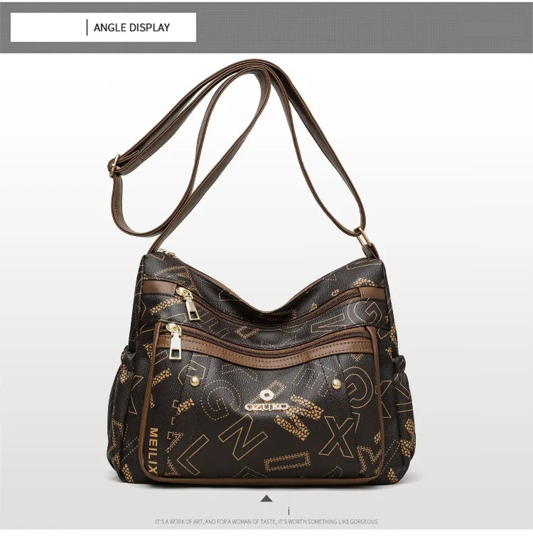 Ladies Middle-Aged Bag Large Capacity printed Work Clothing Soft Leather Multi-Pocket Cross-Body Bag Retro Shoulder Bag