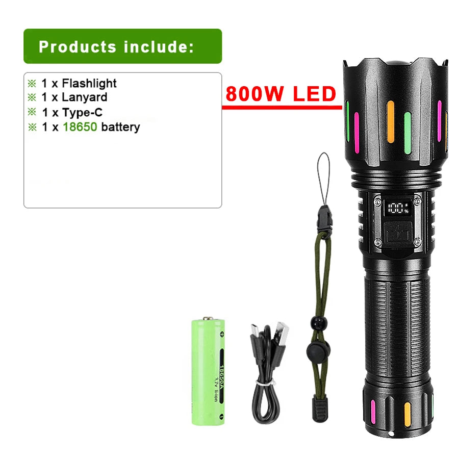 Super Powerful LED Flashlight 1000000LM High Power Torch Strong Light 800W Led Flash Light Rechargeable Hunting Tactical Lantren