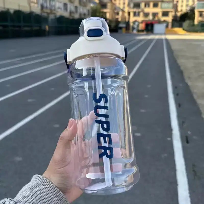 Large-capacity sports straw cup with Measurement markings, Portable, Minimalist, and Impact-resistant water bottle.