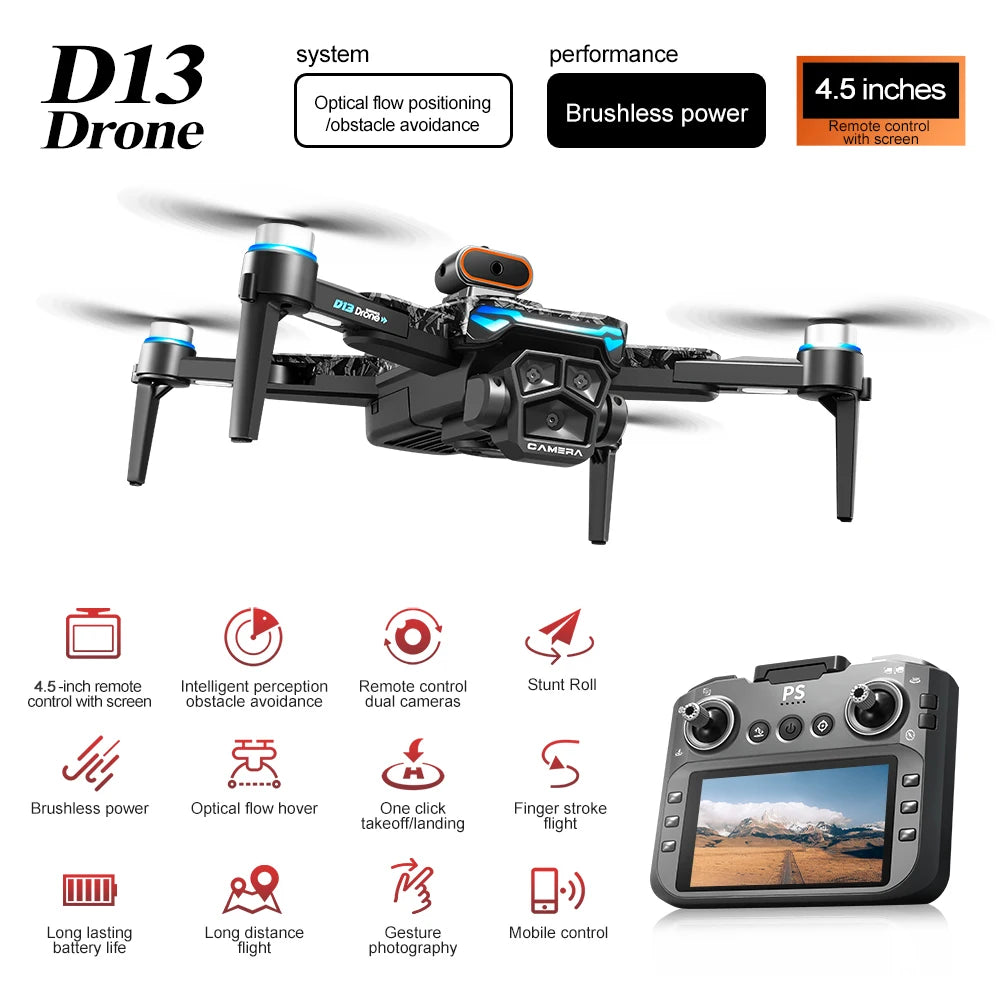 New D13 RC Drone 4K Professional HD Triple Camera 5G WIFI FPV Dron 360° Obstacle Avoidance Brushless Large Screen Quadcopter