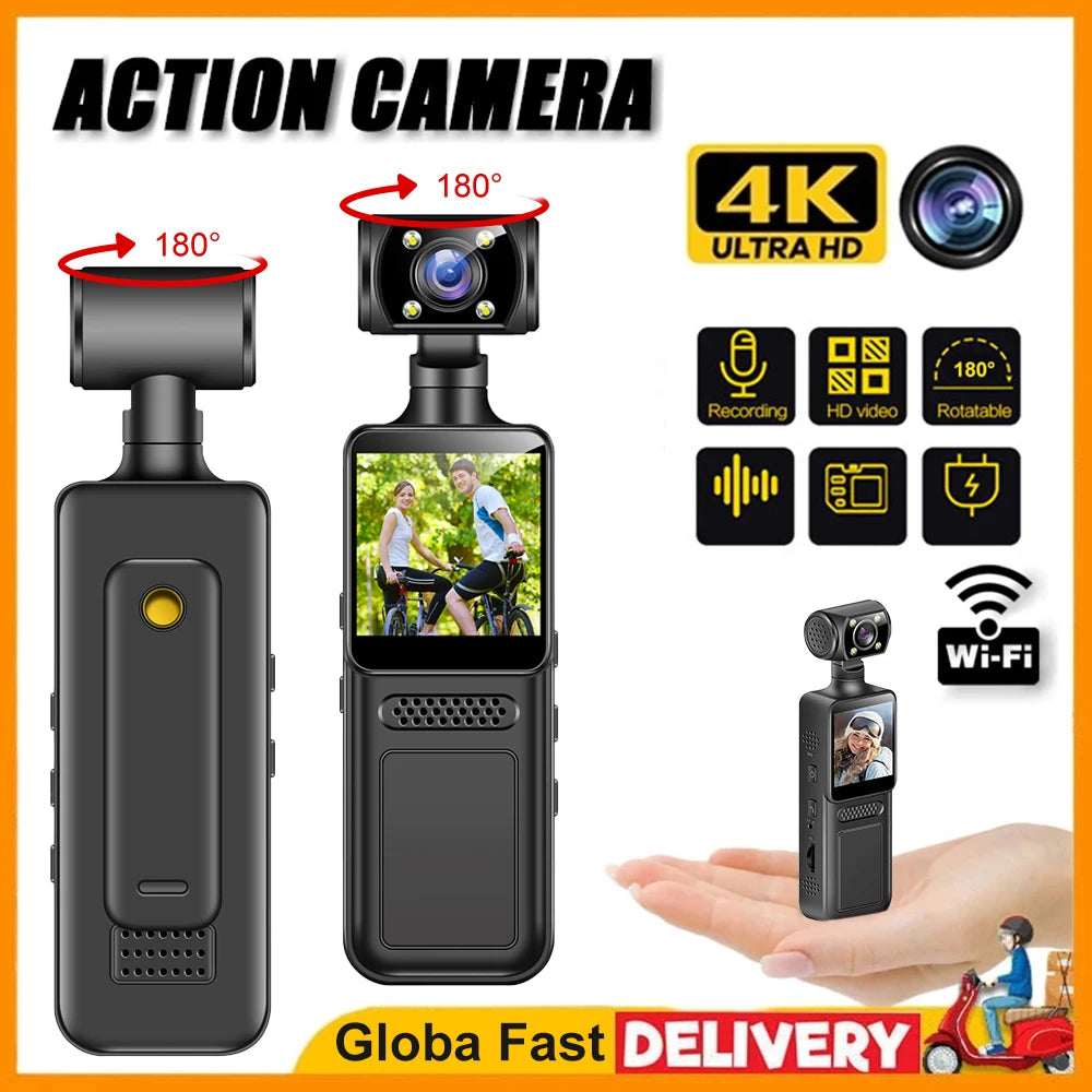 128GB 4K Ultra HD Action Mini Camera 180 Rotatable Vlog Wifi Sports Cam Waterproof Case Helmet Travel Bicycle Driver Recorder
