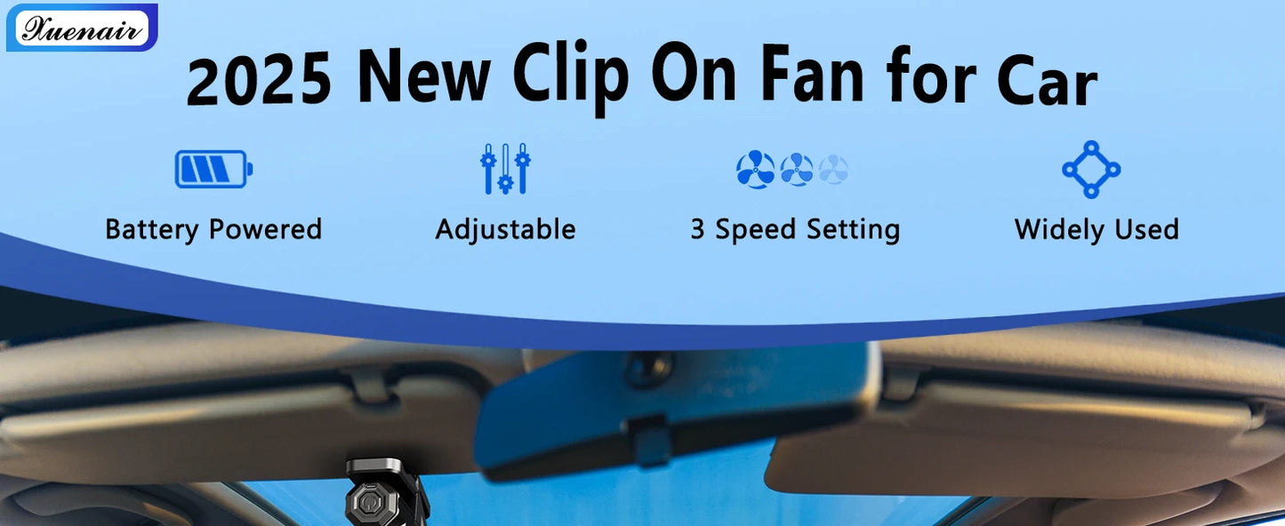 Eary Portable Car Clip On Fan Battery Operated 3 Speed Wind 900 Rotate Quiet Small Air Cooling Fan For Desk Camping Stroller Fan