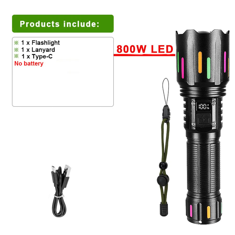 Super Powerful LED Flashlight 1000000LM High Power Torch Strong Light 800W Led Flash Light Rechargeable Hunting Tactical Lantren